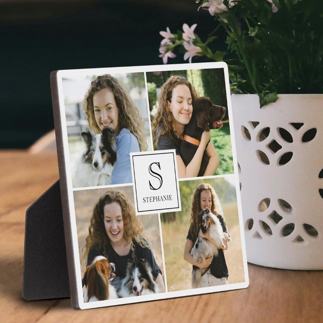 Custom 4 Photo Collage with Monogram and Name Fotoplatte (Von Creator hochgeladen)