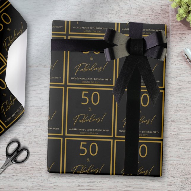 Custom 50 Fabulous Birthday Gold Black Geschenkpapier (Von Creator hochgeladen)