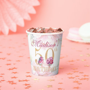 Custom 50. Geburtstag Floral Pink Gold Glitzer Pappbecher