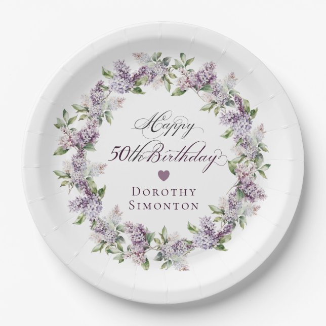 Custom 50. Geburtstag Lila Lilac Spring Blume Pappteller (Vorderseite)