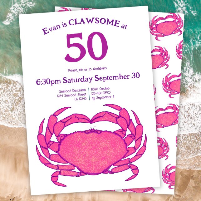 Custom 50th Birthday Bold Pink Crab Seafood Pun Einladung (Von Creator hochgeladen)