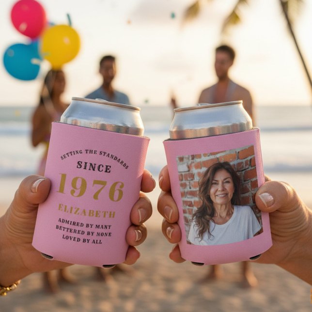 Custom 50th Birthday Pink Gold With Photo Dosenkühler (50th birthday can coolers with beach background.)