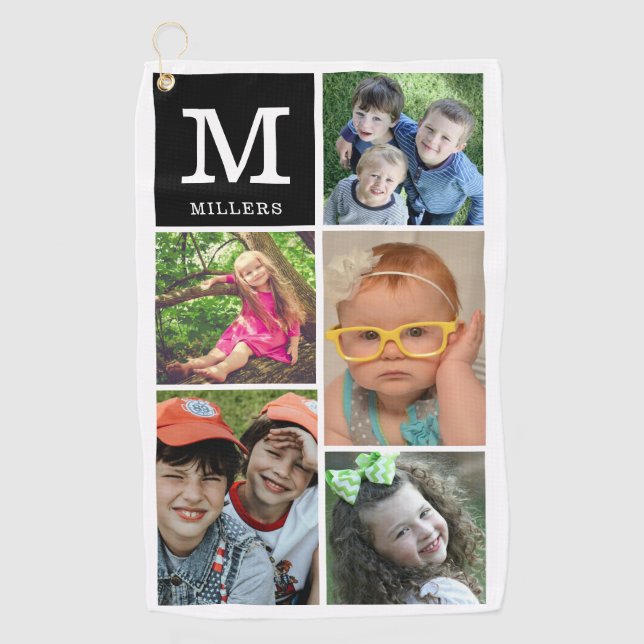 Custom 5 Foto Collage Familienname Mit Monogramm Golfhandtuch (Vorderseite)