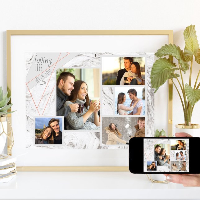 Custom 5 Foto Collage Love Life Graue Marmor Poster (Von Creator hochgeladen)