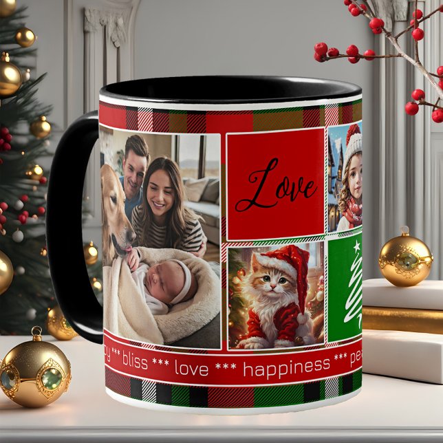 Custom 5 Fotos Green Red Karierte Weihnachten Kaffeetasse (Christmas mug featuring 5 custom photos on a green red plaid design with tree and snowflake outlines)