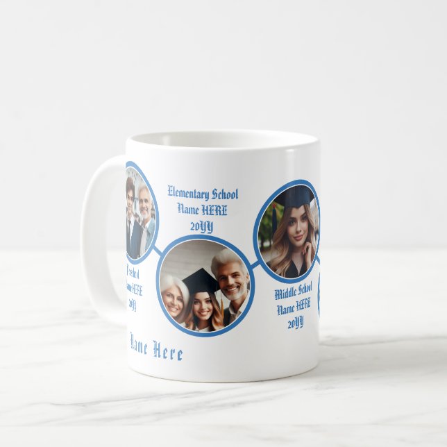 Custom 5 Fotos, Schule & Abschluss Timeline Blue Kaffeetasse (Vorderseite Links)
