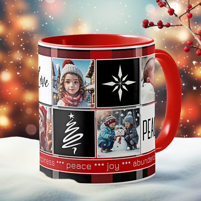Custom 5 Fotos Schwarz-weiß Rotes Kariertes Weihna Kaffeetasse (Christmas mug showing 5 custom photos on a black, white and red plaid design with tree and snowflake)