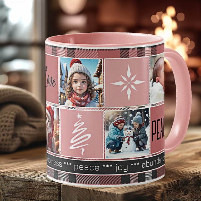 Custom 5 Fotos Sweet Pink Karierte Weihnachten Kaffeetasse (Christmas mug featuring 5 custom photos on a sweet pink plaid design with tree and snowflake outline)