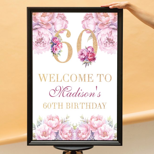 Custom 60. Geburtstag Gold Glitzer Pink Peonies Poster (Von Creator hochgeladen)