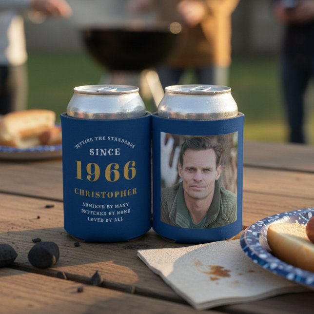 Custom 60th Birthday Blue Gold With Photo Dosenkühler (60th birthday can coolers showing front and rear.)