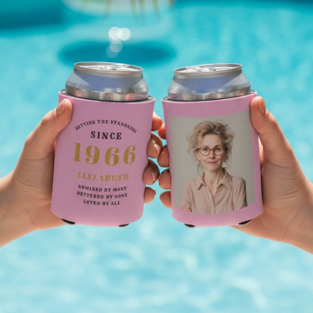 Custom 60th Birthday Pink Gold With Photo Dosenkühler (60th birthday can coolers showing front and rear. With a pool as background.)