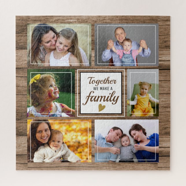 Custom 6 Foto Collage Family Quote Rustikales Holz Puzzle (Vertikal)