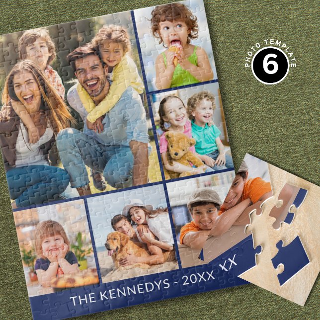 Custom 6 Photo Collage Family Name Minimalist Blue Puzzle (Von Creator hochgeladen)