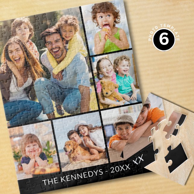 Custom 6 Photo Collage Family Name Minimalist  Puzzle (Von Creator hochgeladen)
