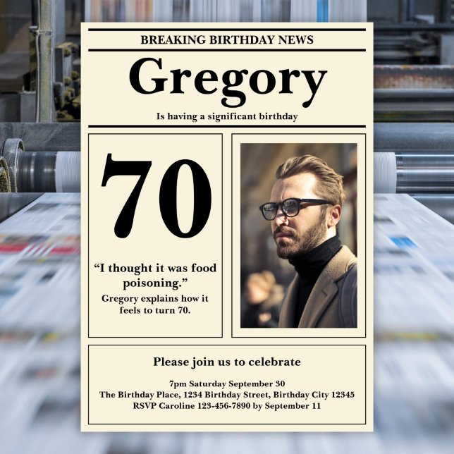 Custom 70. Geburtstag Funny Zitat Retro Zeitung Einladung (Von Creator hochgeladen)