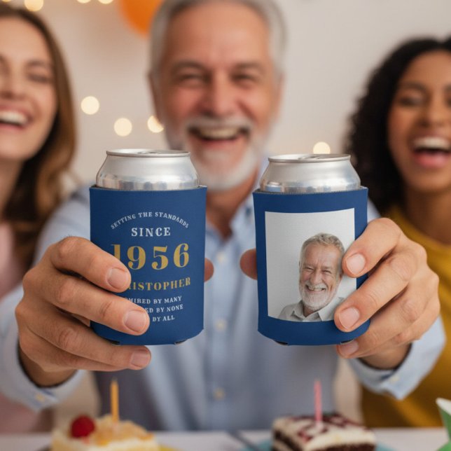 Custom 70th Birthday Blue Gold With Photo Dosenkühler (70th Birthday can coolers showing front and rear.)