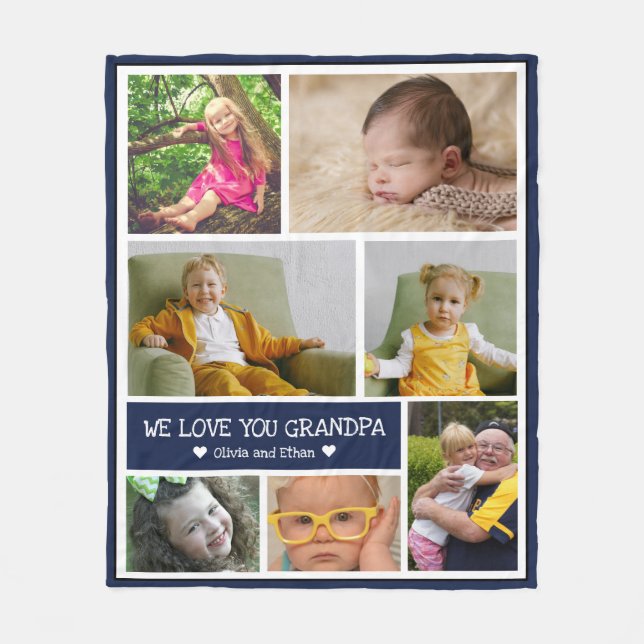 Custom 7 Foto Collage Wir Liebe Sie Opa Blue  Fleecedecke (Vorderseite)