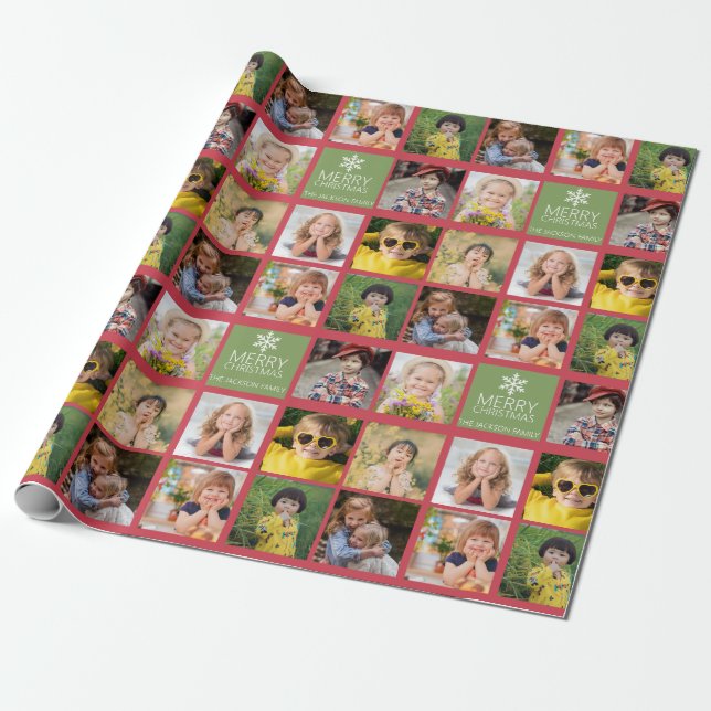 Custom 8 Foto Christmas Collage Red Green Geschenkpapier (Ungerollt)