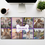 Custom 8 Foto Collage Dog Bone Pet Lila Schreibtischunterlage<br><div class="desc">Mit diesem lila Hund-Foto-Tischmatte zeigen Sie Ihren furchteinflößendsten Freund! Mit einem lila Hintergrund, einer Collage aus acht bezaubernden Fotos und einem niedlichen Hundeknochen mit dem Namen Ihres Hundes ist diese Schreibtischmatte der ideale Weg, um Ihren Arbeitsbereich zu verbessern und Ihren geliebten Begleiter nah behalten. Die aus hochwertigen Materialien und einem...</div>