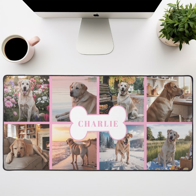 Custom 8 Foto Collage Dog Knochen Stift rosa Schreibtischunterlage (Von Creator hochgeladen)