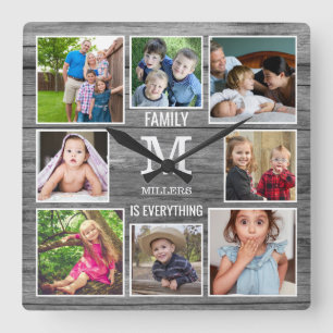 Custom 8 Foto Collage Family Monogram Gray Wood Quadratische Wanduhr