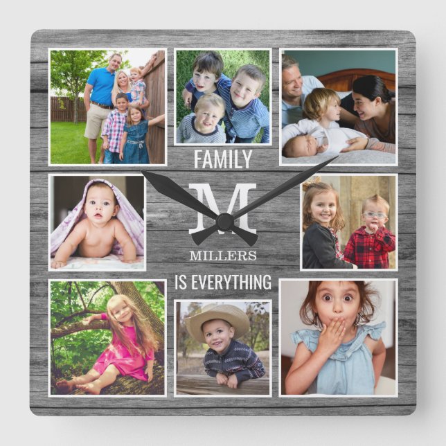 Custom 8 Foto Collage Family Monogram Gray Wood Quadratische Wanduhr (Vorderseite)