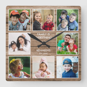 Custom 8 Foto Collage Family Quote reclased Holz Quadratische Wanduhr