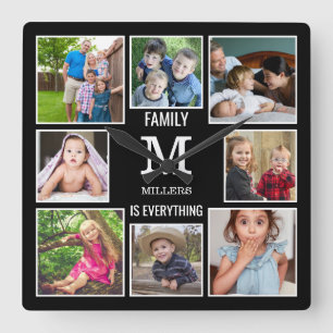Custom 8 Photo Collage Family Monogram Black Quadratische Wanduhr