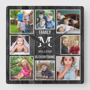Custom 8 Photo Collage Family Monogram Black Wood Quadratische Wanduhr