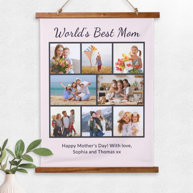Custom 8 Photo Collage World's Best Mom Wandteppich Mit Holzrahmen (A personalized, pink wall hanging for the 'World's Best Mom', with photo collage and custom message)