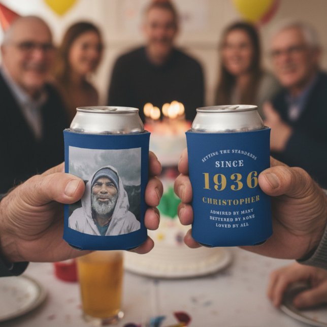 Custom 90th Birthday Blue Gold With Photo Dosenkühler (90th birthday blue can cooler showing front and rear.)