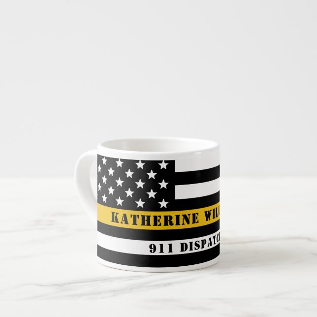 Custom 911 Dispatcher USA Flag Thin Gold Line Espressotasse (Vorderseite Links)