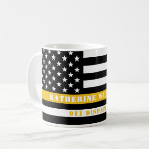 Custom 911 Dispatcher USA Flag Thin Gold Line Kaffeetasse