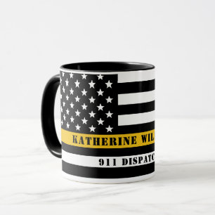 Custom 911 Dispatcher USA Flag Thin Gold Line Tasse