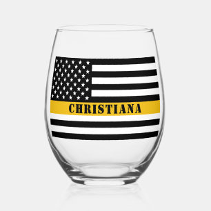 Custom 911 Dispatcher USA Flag Thin Gold Line Weinglas Ohne Stiel