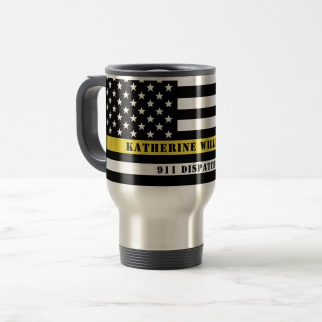 Custom 911 Dispatcher USA Flag Thin Yellow Line Reisebecher (Vorderseite Links)