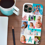 Custom 9 Foto Collage Monogram Name Your Colors Case-Mate iPhone 14 Hülle<br><div class="desc">Erstellen Sie Ihre eigene personalisierte Foto Collage Handy-Gehäuse mit diesem einfach hochzuladenden Fotomodell-Design mit 9 Bildern in verschiedenen Größen und Formen mit einem Monogramm und Namen in bearbeitbaren Schriftart Stilen und Farben vor Ihrer Wahl der Hintergrundfarbe (mit einem türkisfarbenen aquamarinen Monogramm und weißem Hintergrund gezeigt). Das Beispiel wird auf einem...</div>