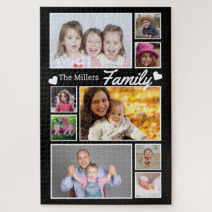Custom 9 Photo Collage Family Name 1014 Pcs Black Puzzle