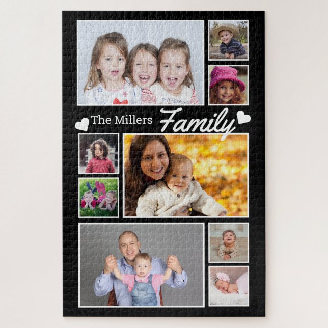 Custom 9 Photo Collage Family Name 1014 Pcs Black Puzzle (Vertikal)