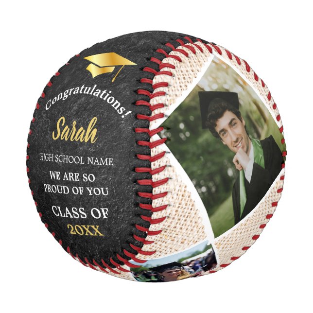 Custom Abschluss 4 Foto Class of 2025 Black Gold Baseball (Schrägansicht)