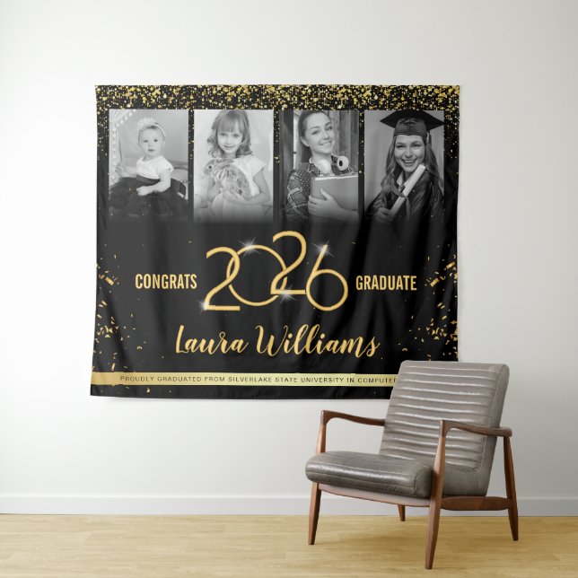Custom Abschluss Banner Foto Collage Black Gold Wandteppich (Beispiel (Horizontal))