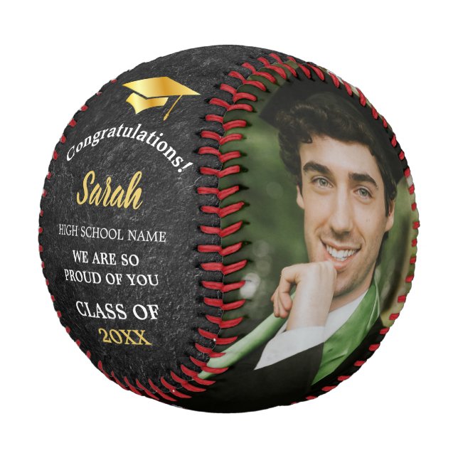 Custom Abschluss Foto Class of 2025 Black & Gold Baseball (Schrägansicht)