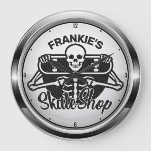 Custom ADD NAME Skull Skateboard Skate Shop Große Wanduhr