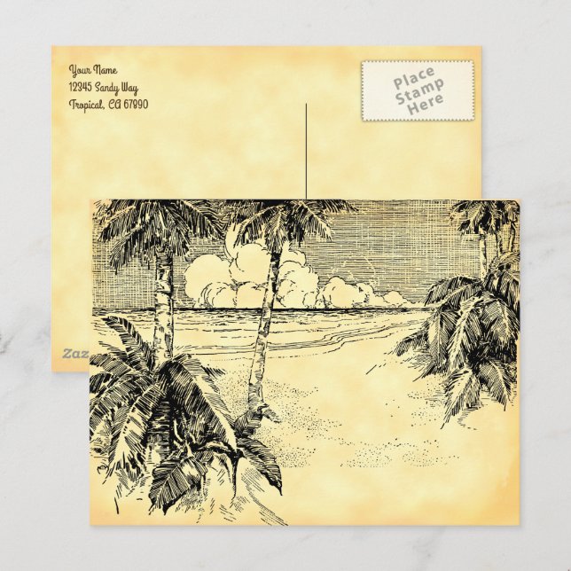Custom Address Tropical Beach Vintag Art Postkarte (Vorne/Hinten)