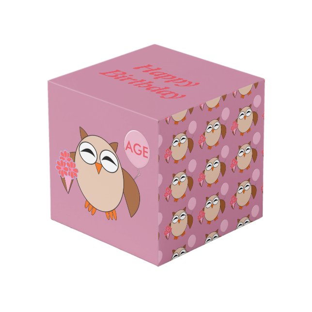Custom Age Birthday Owl Foto Cube Würfel (Vorderseite Schrägansicht)