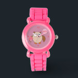 Custom Age Birthday Owl Kids Watch Armbanduhr<br><div class="desc">Diese phantastische Uhr zeigt eine niedliche, braune Eule mit großen, schläfrigen Augen. Die Eule hält einen hübschen, blassrosa Ballon und einen Strauß mit hellrosa Blume, umhüllt in einen blassrosa Kegel. Der Ballon hat anpassbaren Text im Inneren, sodass Sie es personalisieren können, um jedes Alter von 1 bis 100 Jahren zu...</div>