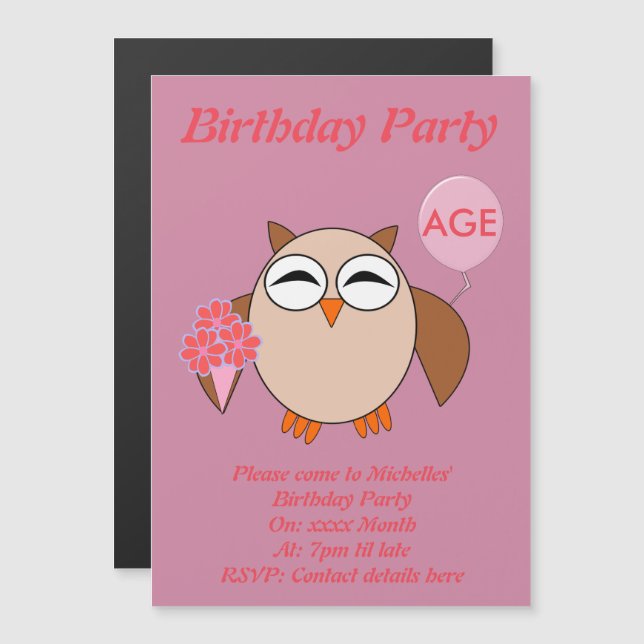 Custom Age Birthday Owl Party lädt ein Magneteinladung (Vorne/Hinten)