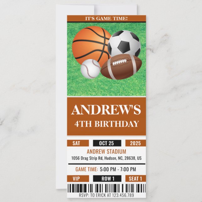 Custom All Star Sports Ticket Geburtstag Einladung (Vorderseite)