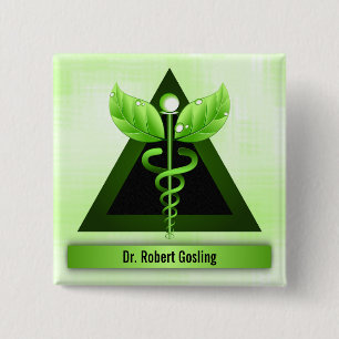 Custom Alternative Medicine Green Caduceus Button