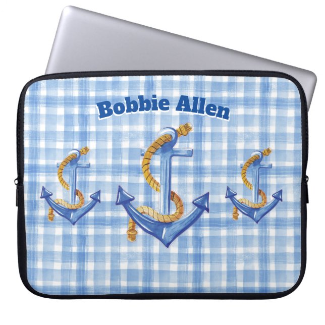 Custom Anchor and Rope Blue Gingham Laptopschutzhülle (Vorderseite)